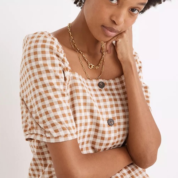 NWT Madewell Gingham Jaquard Square Neck Puff Sleeve Top Brown Cottagecore - Picture 3 of 14